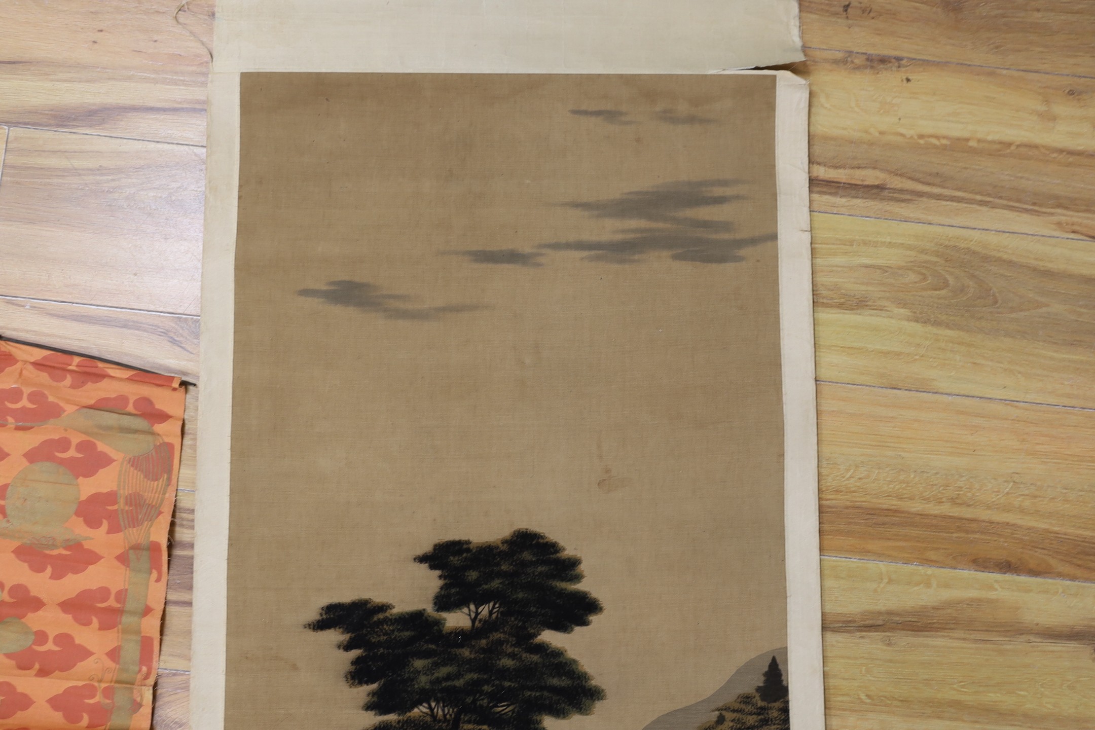 A Chinese calligraphic fabric hanging, 90 x 37cm, together with an early 20th century Japanese painted felt and watercolour landscape scroll